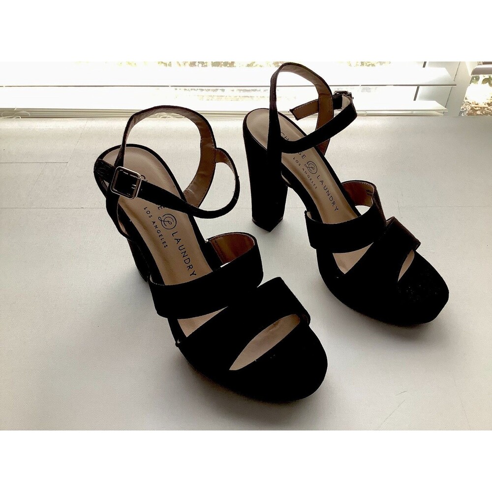 Chinese Laundry Black Suede Ankle Strap Block Platform Heels Size 7 Open Toe